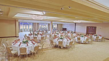 banquet ballroom with set up tables 