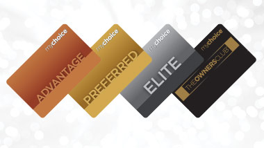 Advantage, Preferred, Elite and The Owners Club mychoice cards on bubble background