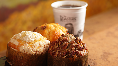 Three Muffins and cup of coffee